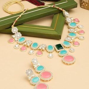 Pink Turquoise Multistrand Kundan Choker Necklace Earring Set For Women Ethnic awds