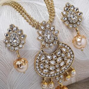 Eye-Catching White Stone Multistring Long Necklace Set And Earring | Jewellery Set For Women