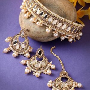 Gold Plated White Kundan & Beads Studded Choker Necklace Set For Women