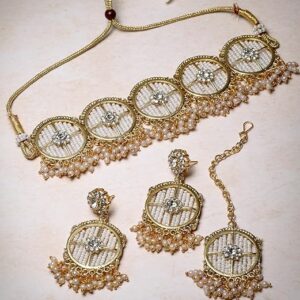 Circular Gold Toned Plated Necklace Set With Earring And Maangtika | Jewellery Set For Women