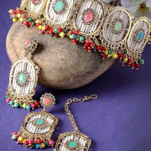 Circular Gold Toned Plated Necklace Set With Earring And Maangtika | Jewellery Set For Women