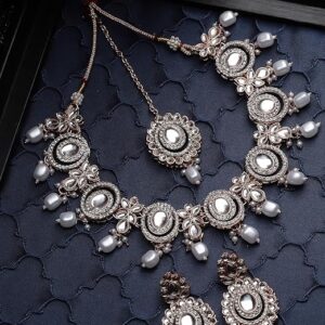 Traditional Gold Plated AD Stone Collar Bone Necklace Set With Earring And Maangtika | Jewellery Set For Women