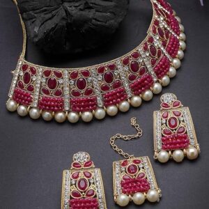 Adorable Unique Stylish Rani Pink Stone Studded With Pearls Choker Necklace Set For Women