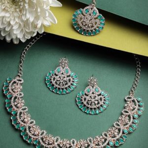 Fashionable AD Green Stones Collar Bone Necklace Set With Earring And Maangtika | Jewellery Set For Women