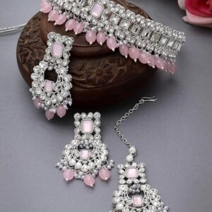 Amazing Gold Plated Pink Color AD Stone & Beads Choker Necklace Set With Earring And Maangtika | Jewellery Set For Women