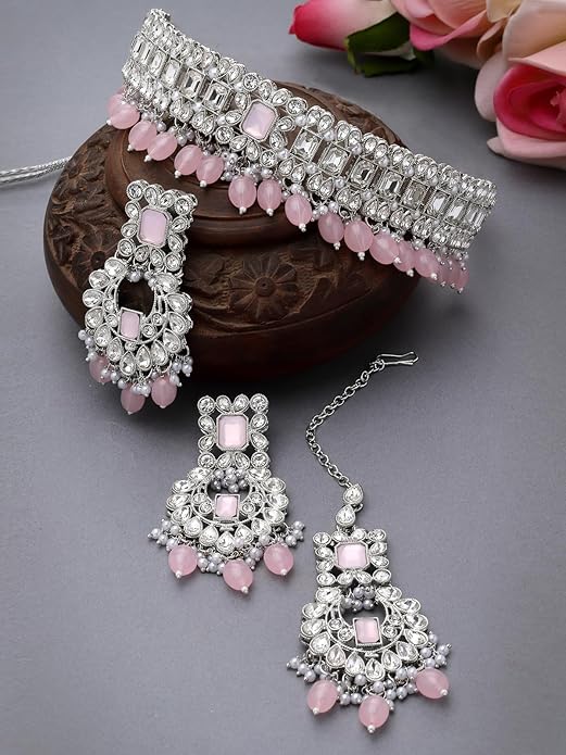 Amazing Gold Plated Pink Color AD Stone & Beads Choker Necklace Set With Earring And Maangtika | Jewellery Set For Women