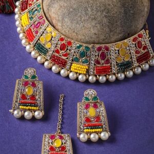 Adorable Unique Stylish Rani Pink Stone Studded With Pearls Choker Necklace Set For Women