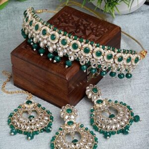 Round Shaped Gold Plated Multi Kundan & Beads Studded Choker Necklace Set For Women