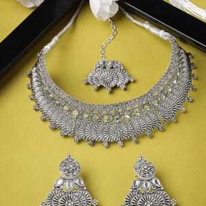 Oxidised Silver Plated Choker Necklace Set With Earring | Mangtikka Set For Women