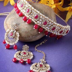 Traditional Style Gold Plated Kundan & Beads Choker Necklace Set With Earring And Maangtika | Jewellery Set For Women