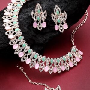 Fashionable AD Mint Green Stones Collar Bone Necklace Set With Earring And Maangtika | Jewellery Set For Women