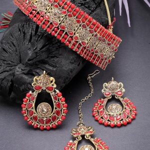 Indian Ethnic Gold Plated Green Kundan & Beads Studded Choker Necklace Set For Women
