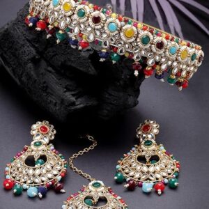 Round Shaped Gold Plated Multi Kundan & Beads Studded Choker Necklace Set For Women