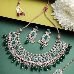 Gold Plated Green Ad Stones With Drop Beads Studded Choker Necklace Set For Women
