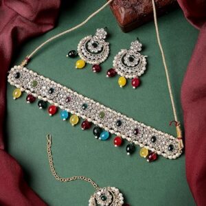 Traditional Style Gold Plated Kundan & Beads Choker Necklace Set With Earring And Maangtika | Jewellery Set For Women