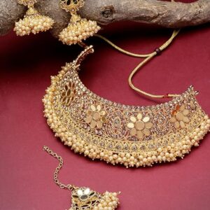 Beautiful Gold Plated Gold Kundan & Beads Floral Choker Necklace Set With Earring And Maangtika | Jewellery Set For Women