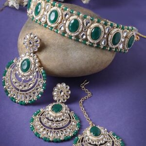 Indian Traditional Gold Plated Stone & Beads Choker Necklace Set With Earring And Maangtika | Jewellery Set For Women