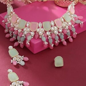Pink Turquoise Multistrand Kundan Choker Necklace Earring & Ring Set For Women Ethnic ad