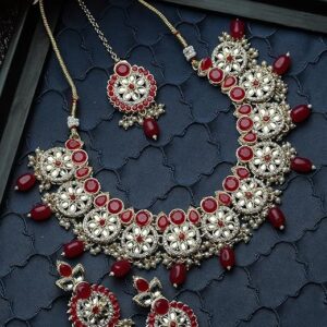 Traditional Gold Plated Green Ad Studded Choker Necklace Set For Women