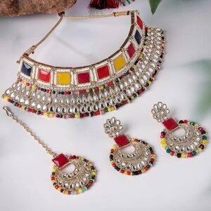 Bridal Gold Plated Rani Pink Kundan & Beads Studded Choker Necklace Set For Women