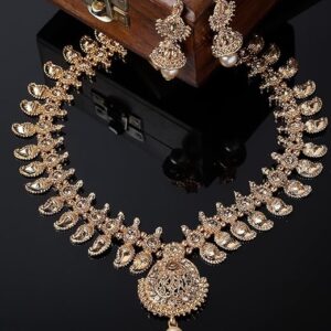 Classical Temple Gold Plated Copper Beads Studded Long Necklace Set With Jhumke Earring | Jewellery Set For Women