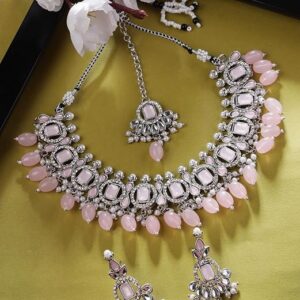 Rhodium Plated Pink AD Stone Collar Bone Necklace Set With Earring And Maangtika | Jewellery Set For Women