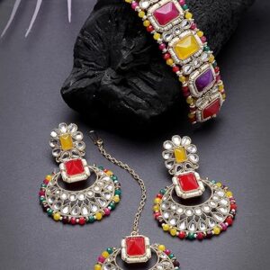 Affordable Squared Style White Kundan & Beads Studded Choker Necklace Set For Women