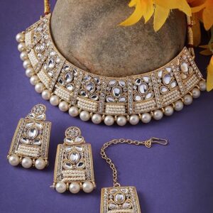 Adorable Unique Stylish Rani Pink Stone Studded With Pearls Choker Necklace Set For Women