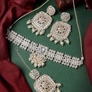 Gold Plated White Kundan & Beads Choker Necklace Set With Earring And Maangtika | Jewellery Set For Women
