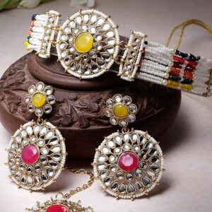 Round Shaped Multicolor Kundan & Beads Studded Choker Necklace Set For Women
