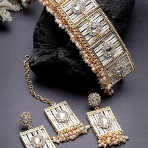 Squared Shaped White Beads Studded With Gold Plated Choker Necklace Set For Women
