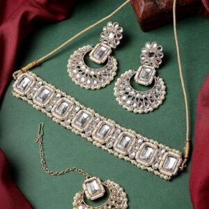 Squared Style White Kundan & Beads Studded Choker Necklace Set For Women