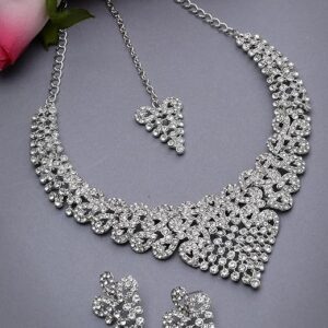 Rhodium Plated Silver AD White Stone Collar Bone Necklace Set With Earring And Maangtika | Jewellery Set For Women