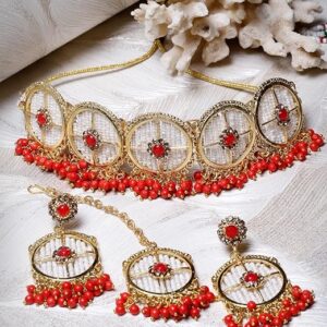Charming Circular Gold Toned Plated Necklace Set With Earring And Maangtika | Jewellery Set For Women