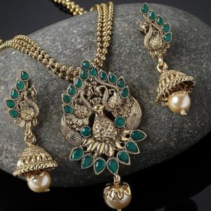 Eye-Catching Green Stone Multistring Long Necklace Set And Earring | Jewellery Set For Women