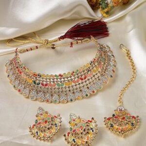 Curve Shaped Gold Plated AD Stones Choker Necklace Set With Earring And Maangtika | Jewellery Set For Women