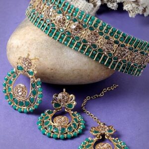 Indian Ethnic Gold Plated Green Kundan & Beads Studded Choker Necklace Set For Women