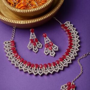 Admirable Fashionable AD Red Stones Collar Bone Necklace Set With Earring And Maangtika | Jewellery Set For Women