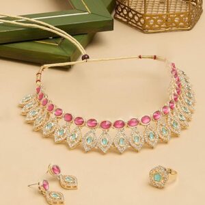 Pink Turquoise Multistrand Kundan Choker Necklace Earring Set For Women Ethnic ef