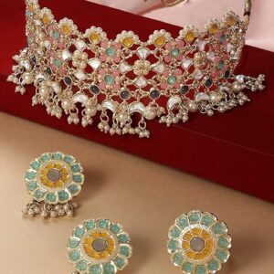 Pink Turquoise Multistrand Kundan Choker Necklace Earring Set For Women Ethnic au