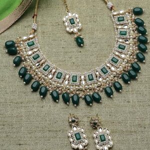 Gold Plated Rani Pink Ad Stones & Beads Studded Choker Necklace Set For Women
