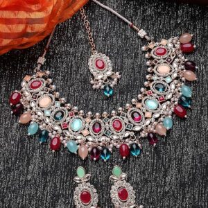 Bright Gold Plated Green Ad Stones With Drop Beads Studded Choker Necklace Set For Women