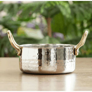 Stainless Steel Serving Bowl with Brass Handles, Hammered Design, Ideal Small Serving Bowl for Curry, Dal and Sides – Elegant Tableware for Home & Restaurant Use - 400ML