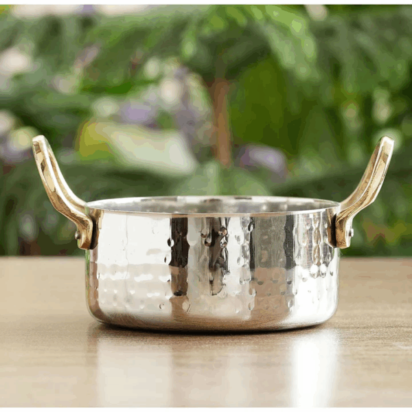 Stainless Steel Serving Bowl with Brass Handles, Hammered Design, Ideal Small Serving Bowl for Curry, Dal and Sides – Elegant Tableware for Home & Restaurant Use - 400ML