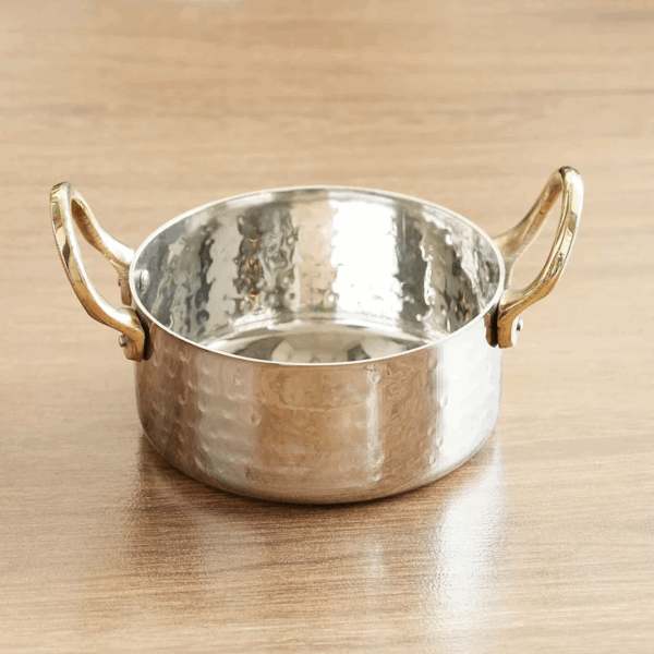 Stainless Steel Serving Bowl with Brass Handles, Hammered Design, Ideal Small Serving Bowl for Curry, Dal and Sides – Elegant Tableware for Home & Restaurant Use - 400ML - Image 2
