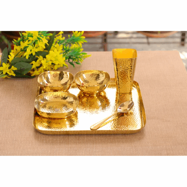 Brass Hammered Square 6 Pcs. Thali set, 1 Square Thali, 2 Bowls, 1 Rice Plate, 1 Spoon and 1 Glass - Image 6