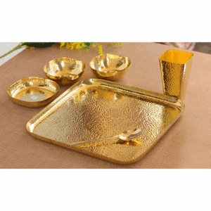 Brass Hammered Square 6 Pcs. Thali set, 1 Square Thali, 2 Bowls, 1 Rice Plate, 1 Spoon and 1 Glass