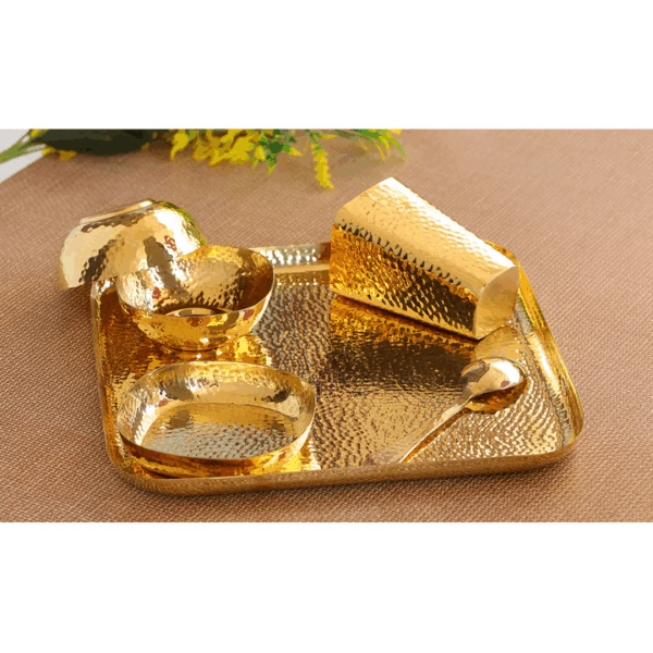 Brass Hammered Square 6 Pcs. Thali set, 1 Square Thali, 2 Bowls, 1 Rice Plate, 1 Spoon and 1 Glass - Image 3