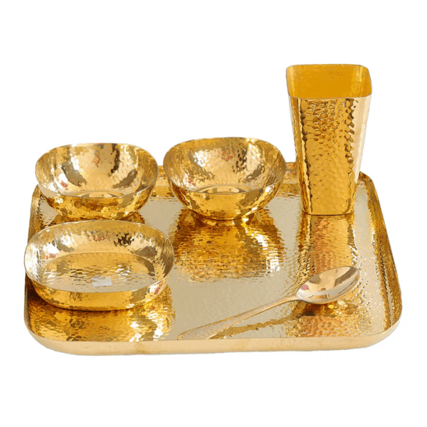 Brass Hammered Square 6 Pcs. Thali set, 1 Square Thali, 2 Bowls, 1 Rice Plate, 1 Spoon and 1 Glass - Image 2