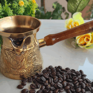 Brass Turkish Kettle Mug with wooden Handle, Coffee tea Mug Pourer, Leaf Design - 275ml